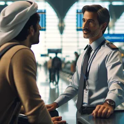 Discussing trip details at the airport